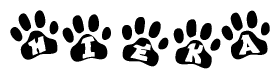 The image shows a series of animal paw prints arranged in a horizontal line. Each paw print contains a letter, and together they spell out the word Hieka.