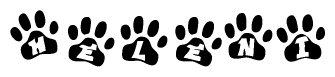 The image shows a series of animal paw prints arranged in a horizontal line. Each paw print contains a letter, and together they spell out the word Heleni.