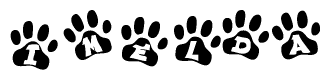 The image shows a series of animal paw prints arranged in a horizontal line. Each paw print contains a letter, and together they spell out the word Imelda.