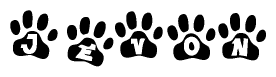 The image shows a series of animal paw prints arranged in a horizontal line. Each paw print contains a letter, and together they spell out the word Jevon.
