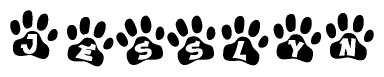 The image shows a series of animal paw prints arranged in a horizontal line. Each paw print contains a letter, and together they spell out the word Jesslyn.