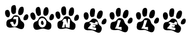 The image shows a series of animal paw prints arranged horizontally. Within each paw print, there's a letter; together they spell Jonelle