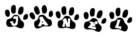 The image shows a row of animal paw prints, each containing a letter. The letters spell out the word Janel within the paw prints.