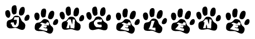 The image shows a series of animal paw prints arranged in a horizontal line. Each paw print contains a letter, and together they spell out the word Jencelene.