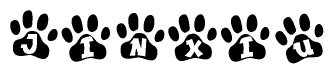 The image shows a series of animal paw prints arranged in a horizontal line. Each paw print contains a letter, and together they spell out the word Jinxiu.
