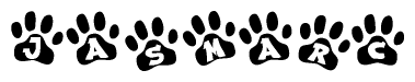 The image shows a row of animal paw prints, each containing a letter. The letters spell out the word Jasmarc within the paw prints.