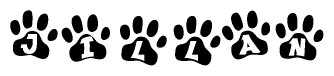 The image shows a series of animal paw prints arranged horizontally. Within each paw print, there's a letter; together they spell Jillan