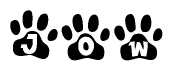 The image shows a row of animal paw prints, each containing a letter. The letters spell out the word Jow within the paw prints.