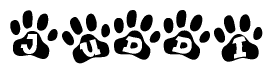 The image shows a series of animal paw prints arranged horizontally. Within each paw print, there's a letter; together they spell Juddi