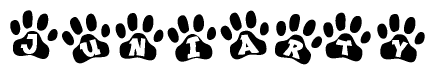 The image shows a row of animal paw prints, each containing a letter. The letters spell out the word Juniarty within the paw prints.