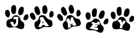 The image shows a series of animal paw prints arranged horizontally. Within each paw print, there's a letter; together they spell Jamey