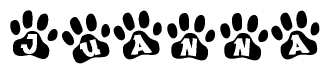 The image shows a series of animal paw prints arranged horizontally. Within each paw print, there's a letter; together they spell Juanna