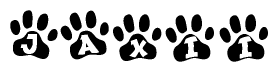 The image shows a series of animal paw prints arranged horizontally. Within each paw print, there's a letter; together they spell Jaxii