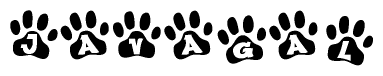 The image shows a row of animal paw prints, each containing a letter. The letters spell out the word Javagal within the paw prints.