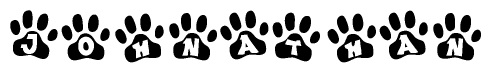 The image shows a row of animal paw prints, each containing a letter. The letters spell out the word Johnathan within the paw prints.