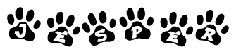 The image shows a series of animal paw prints arranged in a horizontal line. Each paw print contains a letter, and together they spell out the word Jesper.