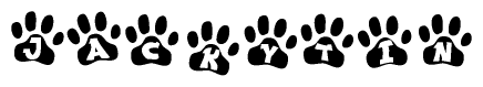 The image shows a series of animal paw prints arranged in a horizontal line. Each paw print contains a letter, and together they spell out the word Jackytin.
