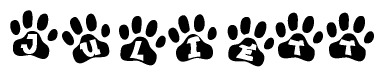 The image shows a series of animal paw prints arranged in a horizontal line. Each paw print contains a letter, and together they spell out the word Juliett.