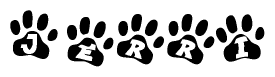 The image shows a series of animal paw prints arranged in a horizontal line. Each paw print contains a letter, and together they spell out the word Jerri.