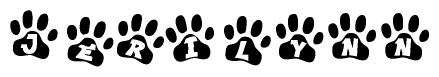 The image shows a series of animal paw prints arranged horizontally. Within each paw print, there's a letter; together they spell Jerilynn