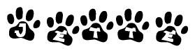 The image shows a row of animal paw prints, each containing a letter. The letters spell out the word Jette within the paw prints.