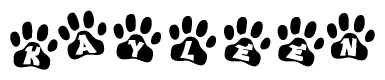 The image shows a series of animal paw prints arranged horizontally. Within each paw print, there's a letter; together they spell Kayleen