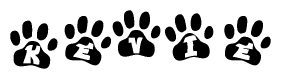 The image shows a series of animal paw prints arranged in a horizontal line. Each paw print contains a letter, and together they spell out the word Kevie.