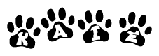 The image shows a row of animal paw prints, each containing a letter. The letters spell out the word Kaie within the paw prints.