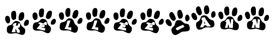 The image shows a series of animal paw prints arranged in a horizontal line. Each paw print contains a letter, and together they spell out the word Kellee-ann.