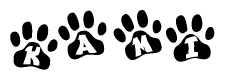 The image shows a series of animal paw prints arranged horizontally. Within each paw print, there's a letter; together they spell Kami