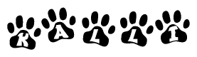 The image shows a series of animal paw prints arranged in a horizontal line. Each paw print contains a letter, and together they spell out the word Kalli.