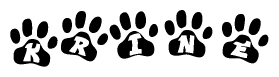 The image shows a series of animal paw prints arranged in a horizontal line. Each paw print contains a letter, and together they spell out the word Krine.
