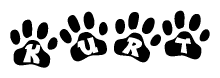 The image shows a series of animal paw prints arranged in a horizontal line. Each paw print contains a letter, and together they spell out the word Kurt.