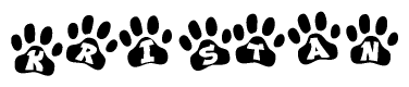 The image shows a row of animal paw prints, each containing a letter. The letters spell out the word Kristan within the paw prints.