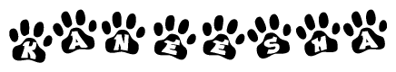 The image shows a series of animal paw prints arranged in a horizontal line. Each paw print contains a letter, and together they spell out the word Kaneesha.