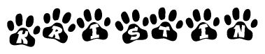 The image shows a series of animal paw prints arranged horizontally. Within each paw print, there's a letter; together they spell Kristin