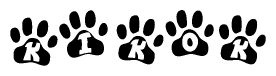 The image shows a series of animal paw prints arranged in a horizontal line. Each paw print contains a letter, and together they spell out the word Kikok.