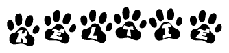 The image shows a series of animal paw prints arranged horizontally. Within each paw print, there's a letter; together they spell Keltie