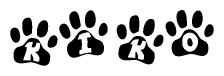   The image shows a series of animal paw prints arranged in a horizontal line. Each paw print contains a letter, and together they spell out the word Kiko. 