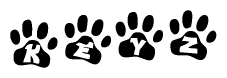 The image shows a series of animal paw prints arranged horizontally. Within each paw print, there's a letter; together they spell Keyz