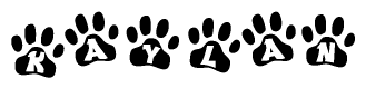 The image shows a series of animal paw prints arranged horizontally. Within each paw print, there's a letter; together they spell Kaylan