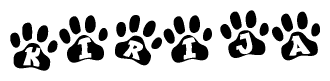The image shows a row of animal paw prints, each containing a letter. The letters spell out the word Kirija within the paw prints.