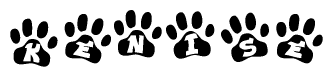 The image shows a series of animal paw prints arranged in a horizontal line. Each paw print contains a letter, and together they spell out the word Kenise.