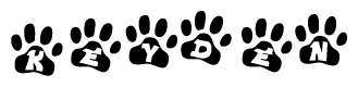 The image shows a series of animal paw prints arranged in a horizontal line. Each paw print contains a letter, and together they spell out the word Keyden.