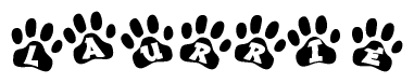 The image shows a row of animal paw prints, each containing a letter. The letters spell out the word Laurrie within the paw prints.