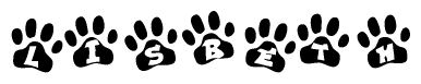 The image shows a series of animal paw prints arranged horizontally. Within each paw print, there's a letter; together they spell Lisbeth
