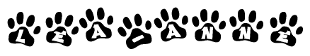 The image shows a series of animal paw prints arranged horizontally. Within each paw print, there's a letter; together they spell Lea-anne