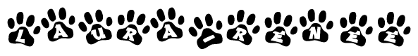 The image shows a row of animal paw prints, each containing a letter. The letters spell out the word Laura-renee within the paw prints.
