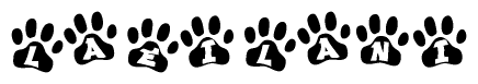 The image shows a row of animal paw prints, each containing a letter. The letters spell out the word Laeilani within the paw prints.