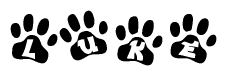 The image shows a series of animal paw prints arranged horizontally. Within each paw print, there's a letter; together they spell Luke